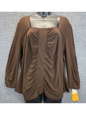 Clara S. Feminine Blouse Plus Size 1X Brown Ruched Stretch Indie Whimsy Neutral